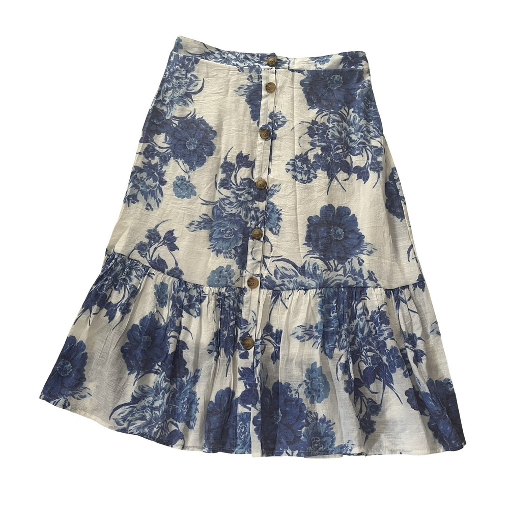 mlle gabrielle Women's Size L Skirt Blue White Floral Button Front Midi Prairie